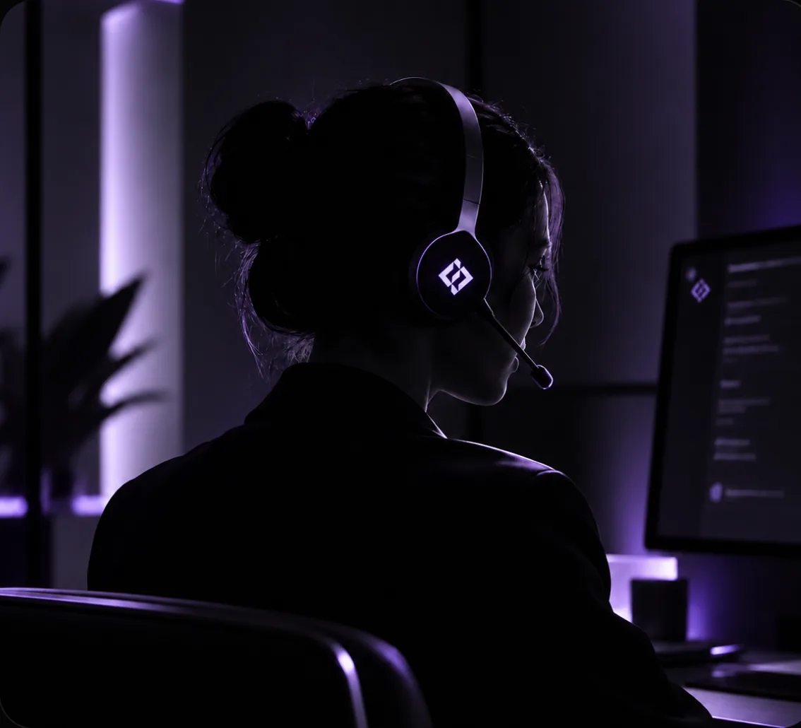 A FundedIQ support agent at a desk, headset on